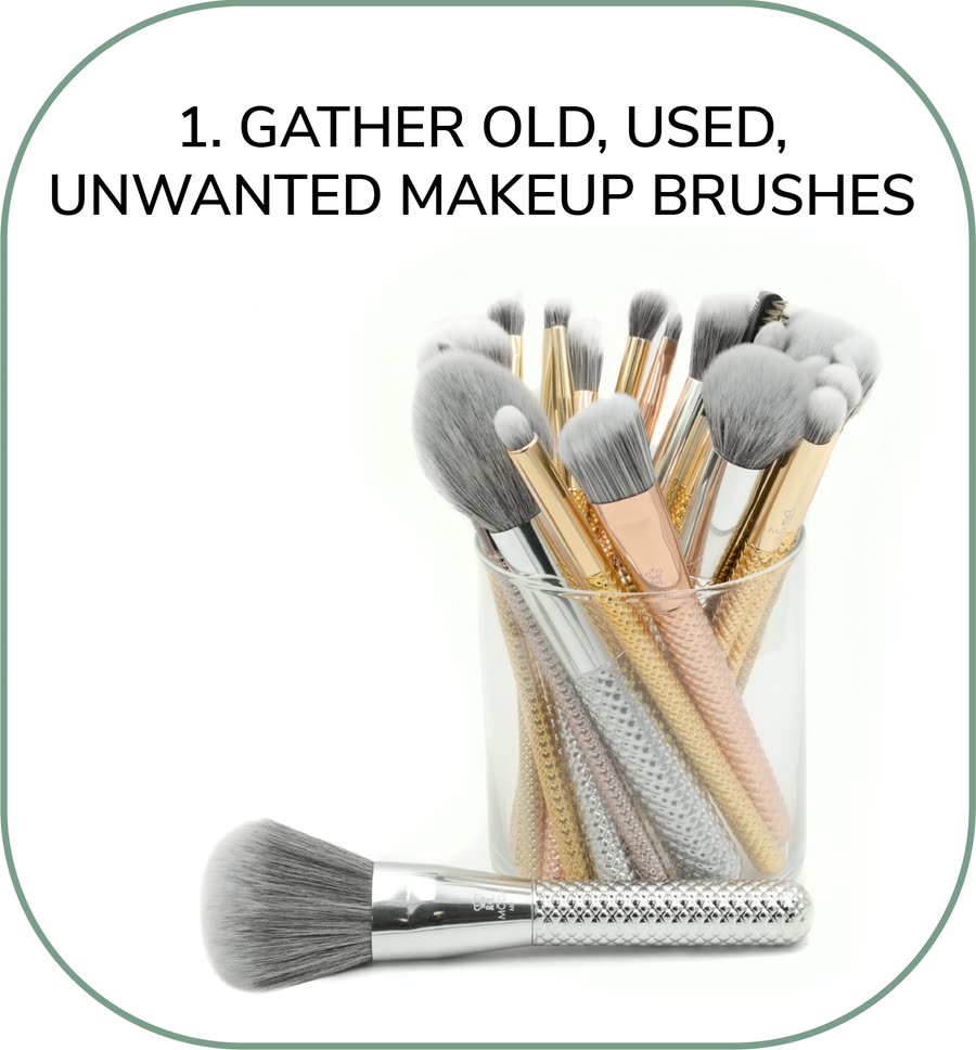 Step 1. Gather old, used, unwanted makeup brushes. A jar of well-used MŌDA brushes.